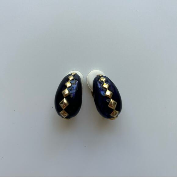 Vintage 90s Clip on Ear Huggie Earrings Premium Costume Jewelry Navy Boho - Picture 1 of 4